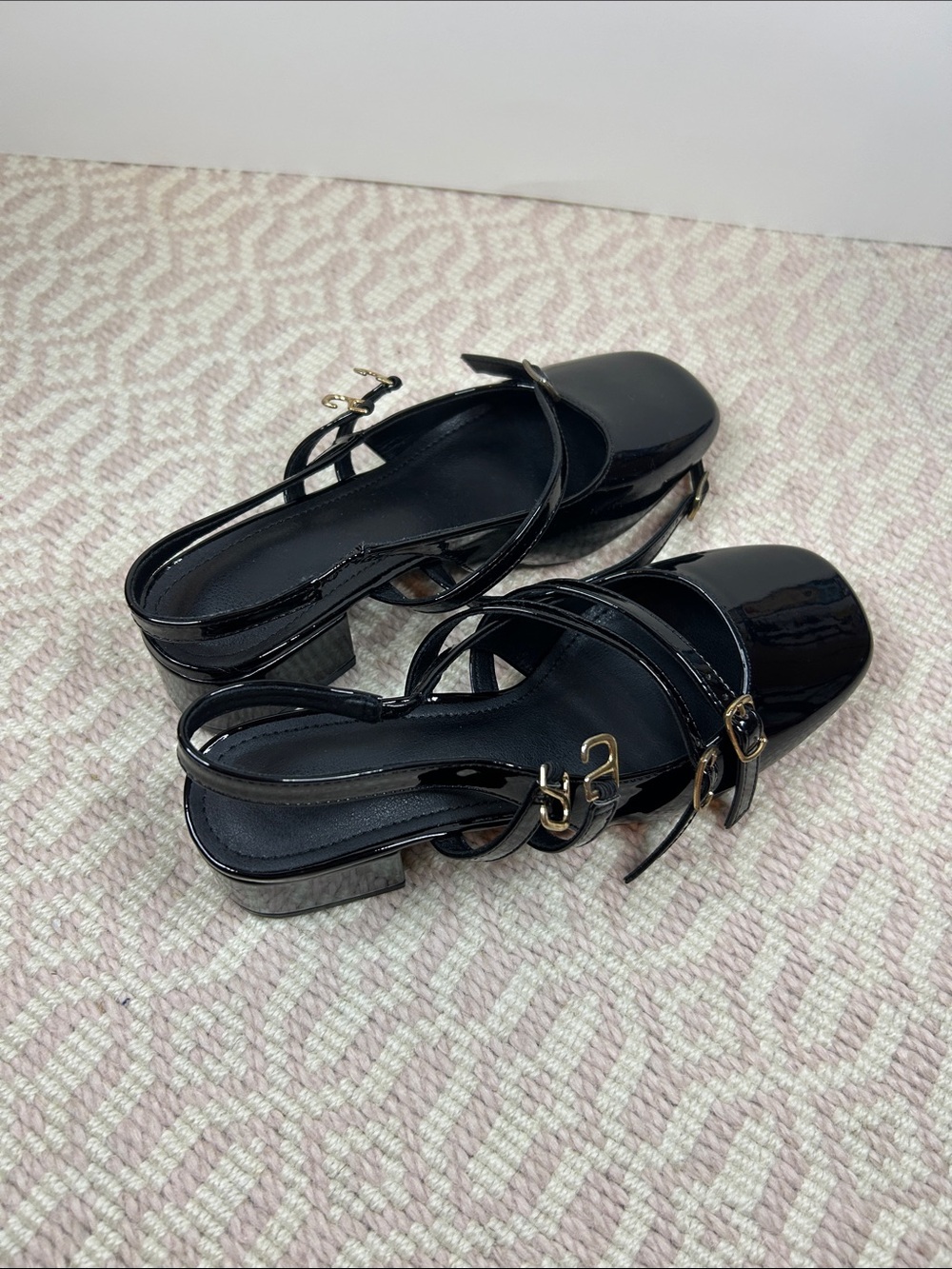 Black Patent Slingback Block Heel Sandals